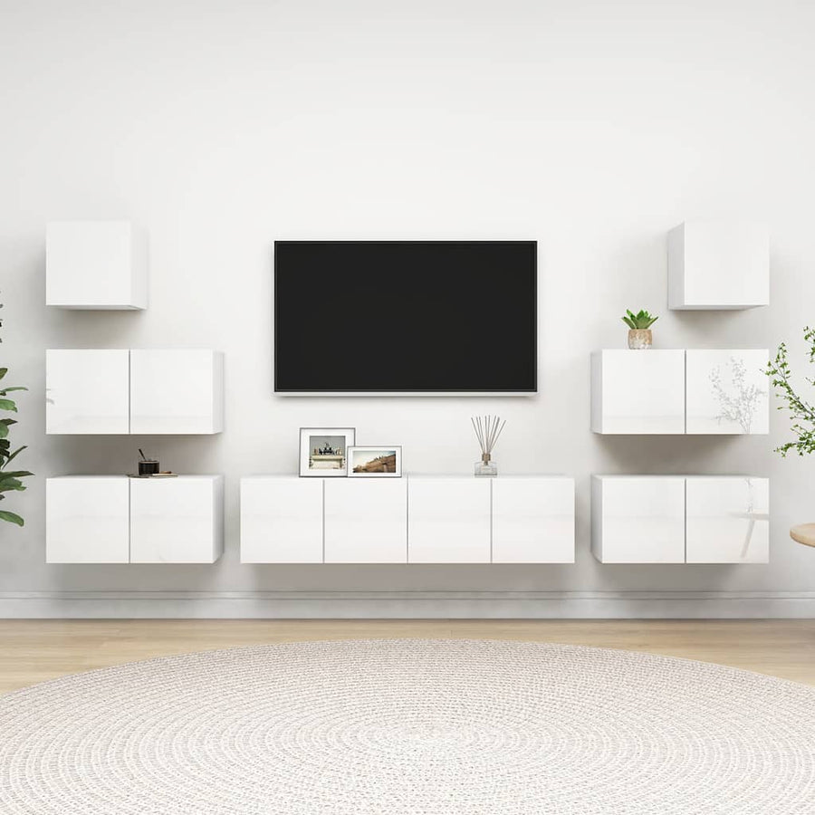 8 Piece TV Cabinet Set High Gloss White Engineered Wood