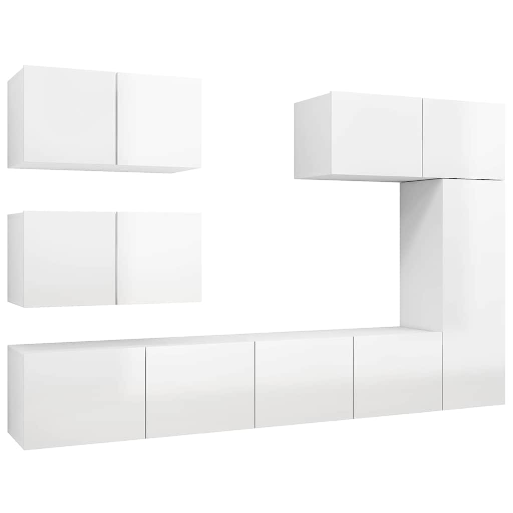 6 Piece TV Cabinet Set High Gloss White Engineered Wood