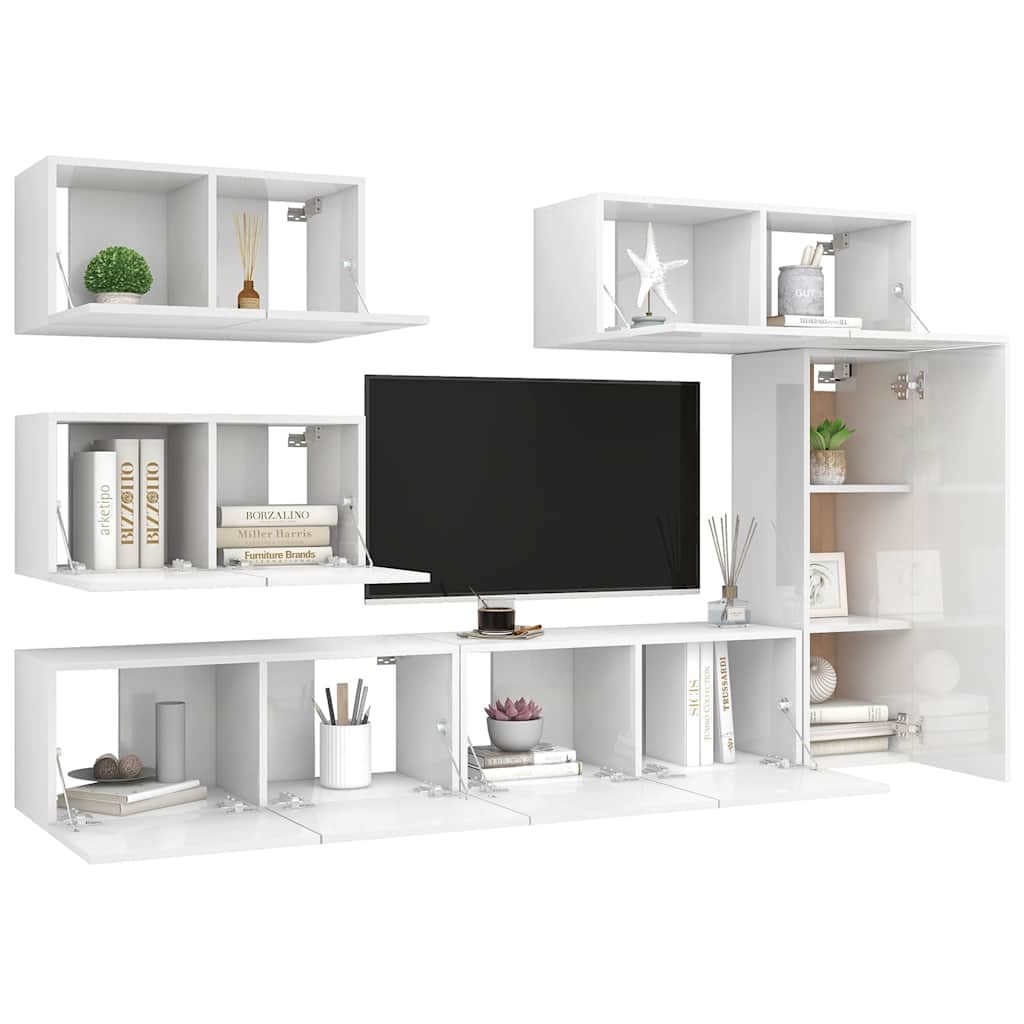 6 Piece TV Cabinet Set High Gloss White Engineered Wood