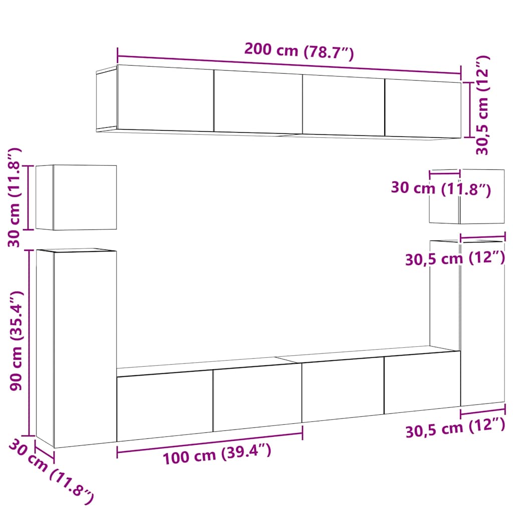 8 Piece TV Cabinet Set High Gloss White Engineered Wood