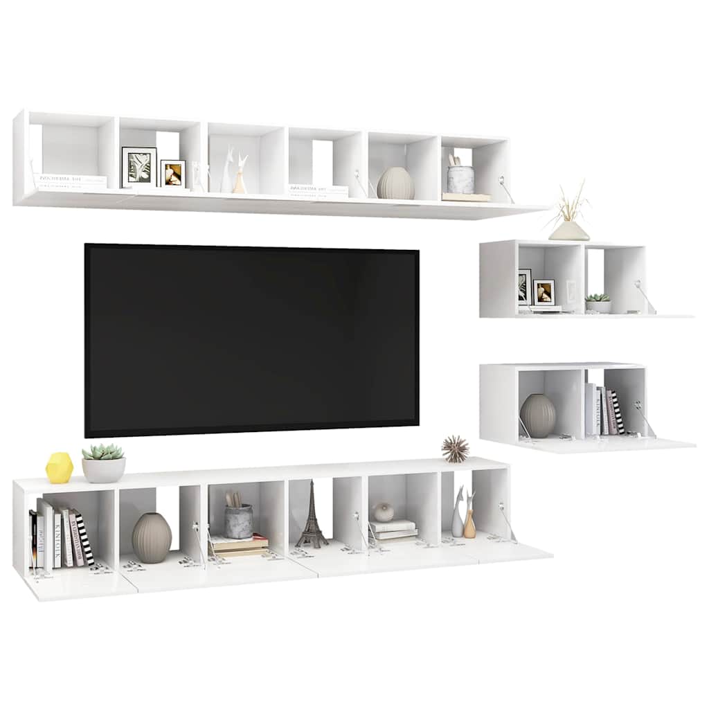 8 Piece Wall-mounted TV Cabinet Set High Gloss White Engineered Wood