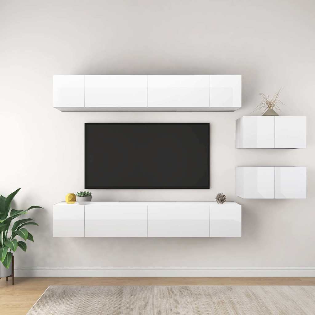 8 Piece Wall-mounted TV Cabinet Set High Gloss White Engineered Wood