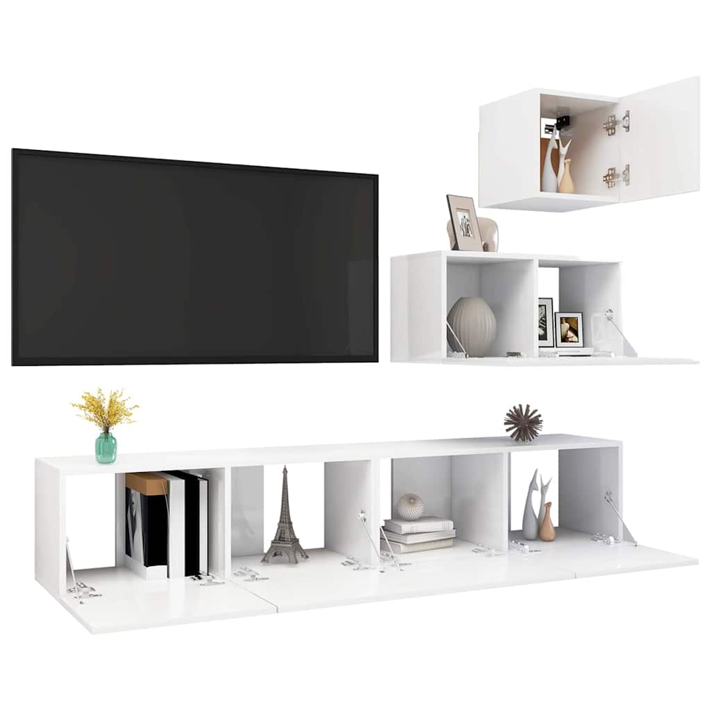 4 Piece TV Cabinet Set High Gloss White Engineered Wood
