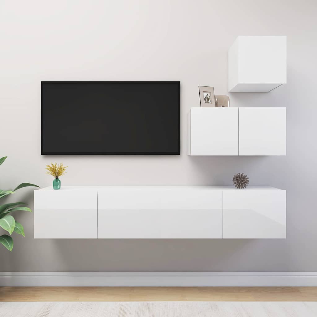 4 Piece TV Cabinet Set High Gloss White Engineered Wood