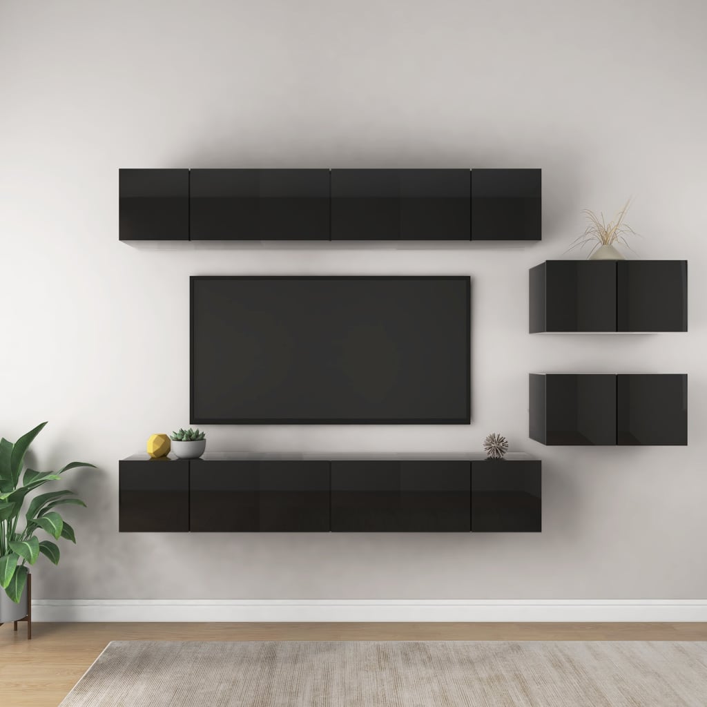 TV Cabinets 8 pcs High Gloss Black Engineered Wood