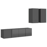 4 Piece TV Cabinet Set High Gloss Grey Engineered Wood - Front View