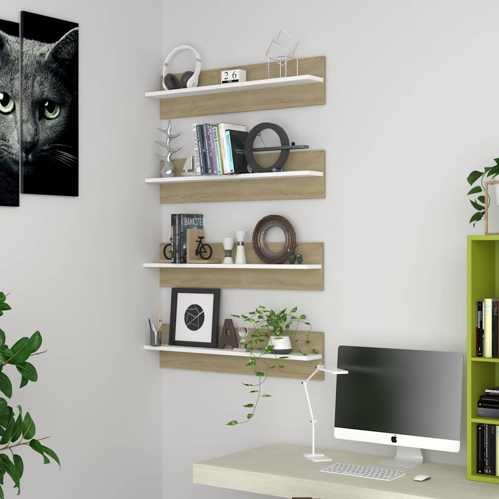 Wall Shelves 4 pcs White and Sonoma Oak 80x11.5x18 cm Engineered Wood