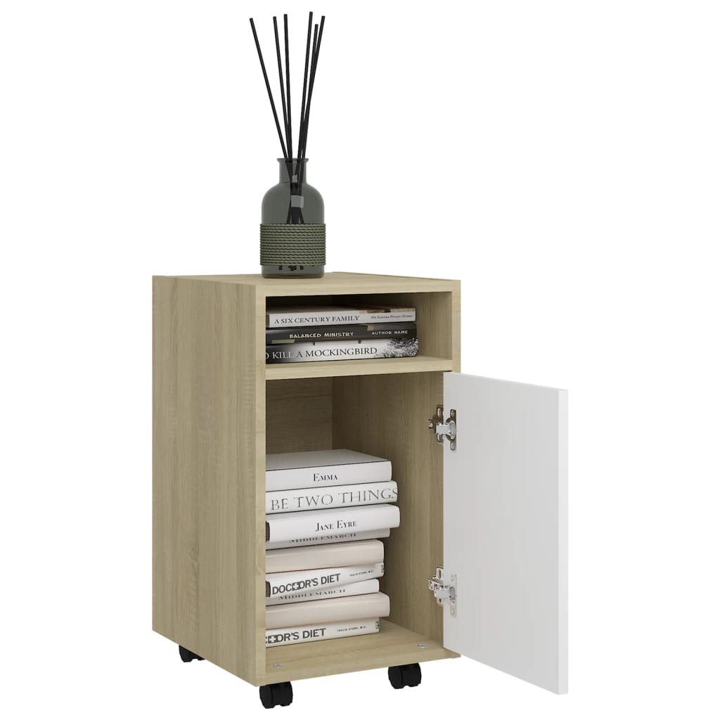 Side Cabinet with Wheels White&Sonoma Oak 33x38x60 cm Engineered Wood
