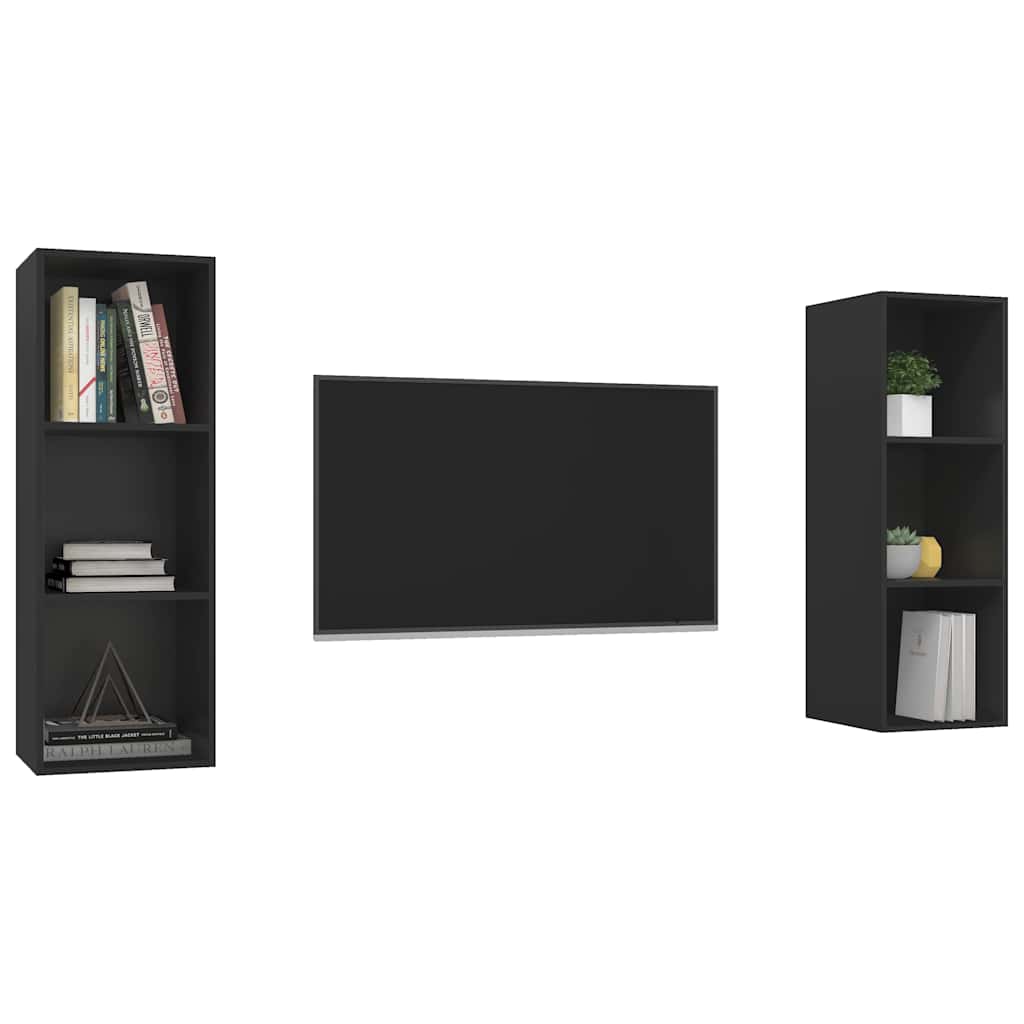 2 Piece Wall-mounted TV Cabinet Set Black Engineered Wood