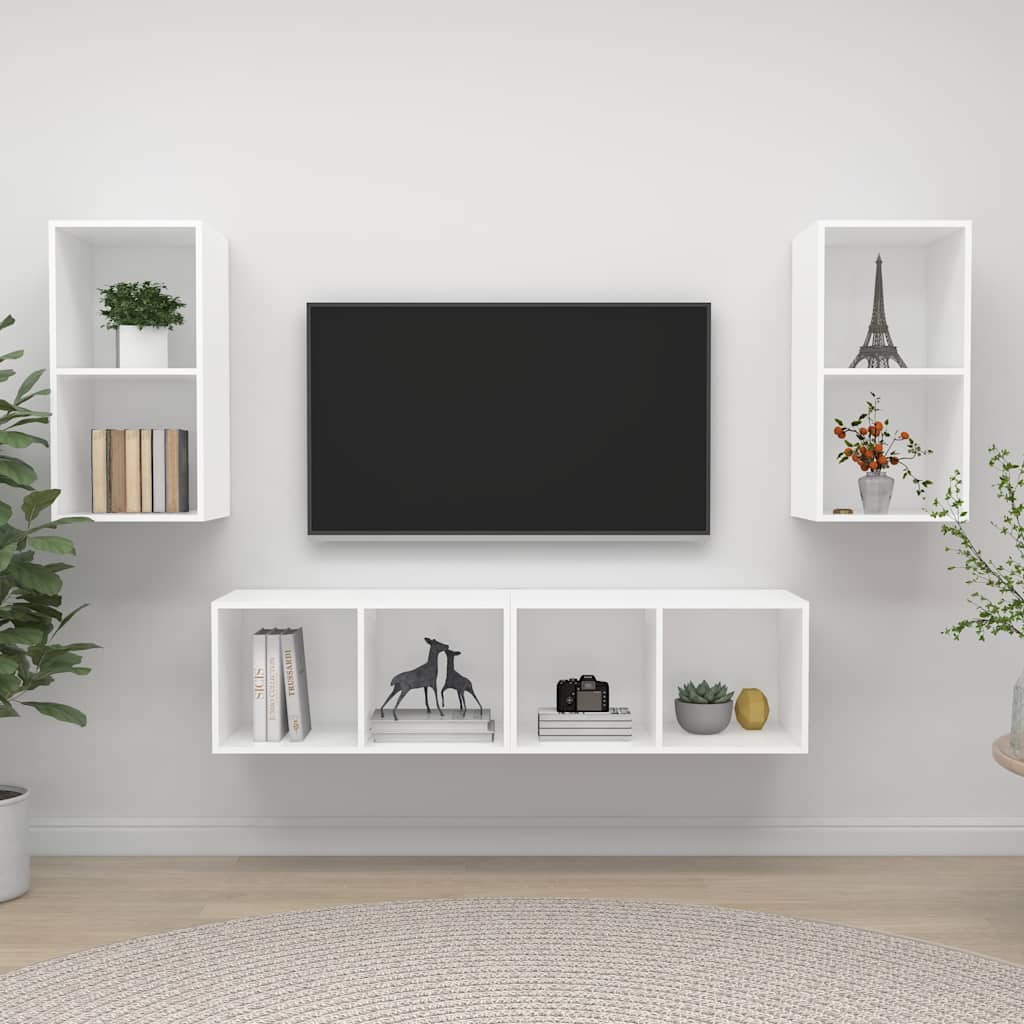 4 Piece Wall-mounted TV Cabinet Set White Engineered Wood