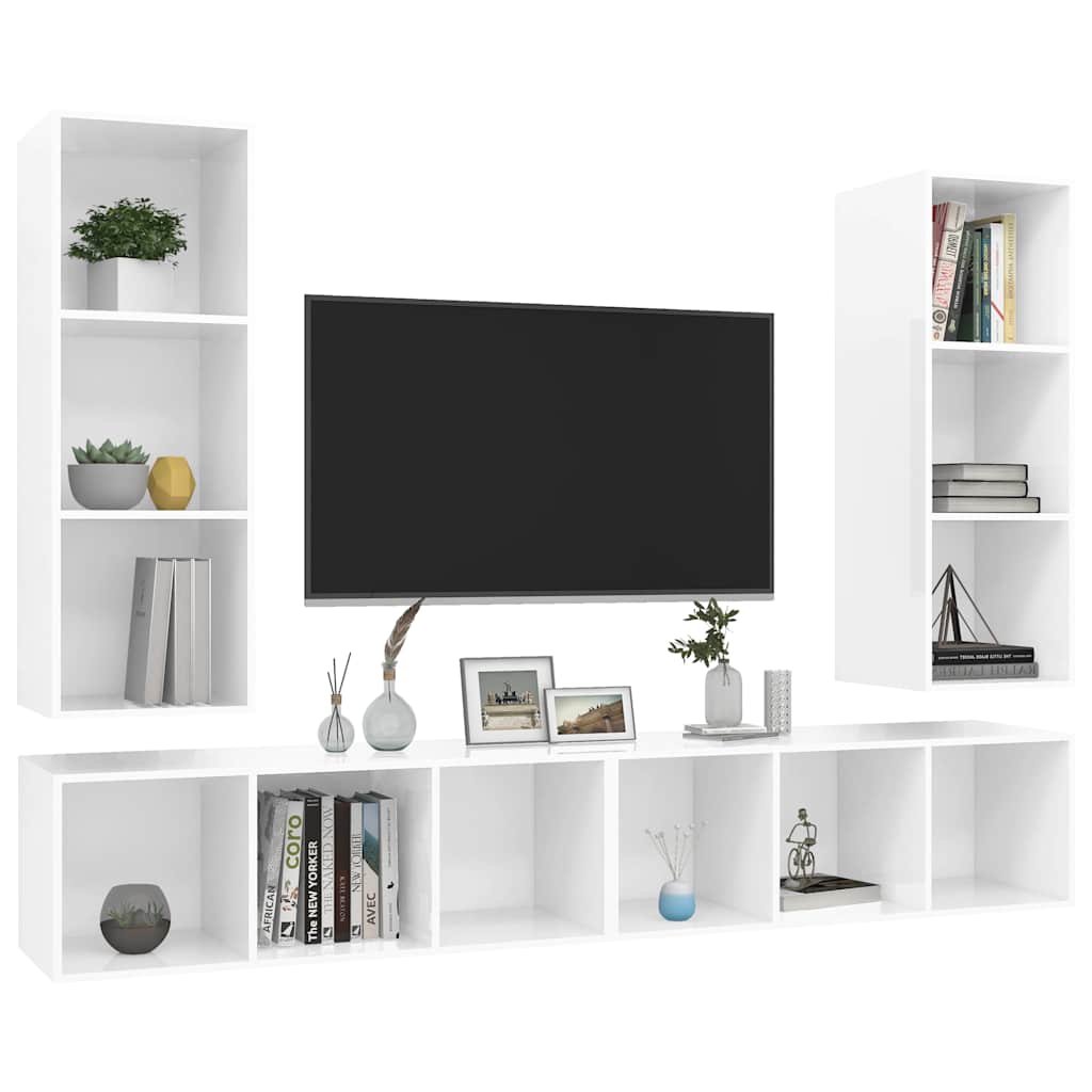 4 Piece Wall-mounted TV Cabinet Set High Gloss White Engineered Wood