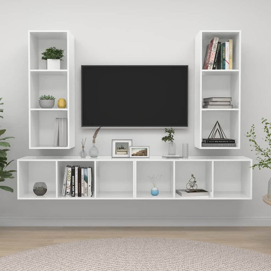4 Piece Wall-mounted TV Cabinet Set High Gloss White Engineered Wood