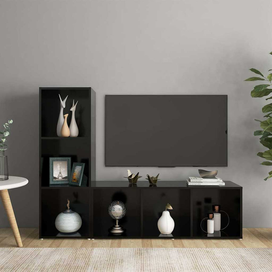 2 Piece TV Cabinet Set Black 107x35x37 cm Engineered Wood