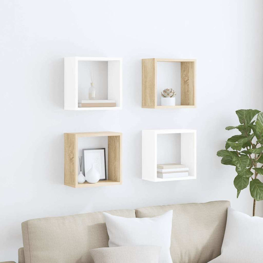 Wall Cube Shelves 4 pcs White and Sonoma Oak 30x15x30 cm