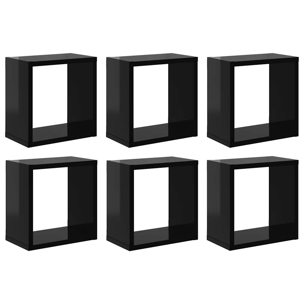 Wall Cube Shelves 6 pcs High Gloss Black 26x15x26 cm