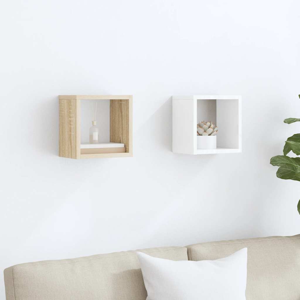 Wall Cube Shelves 2 pcs White and Sonoma Oak 22x15x22 cm