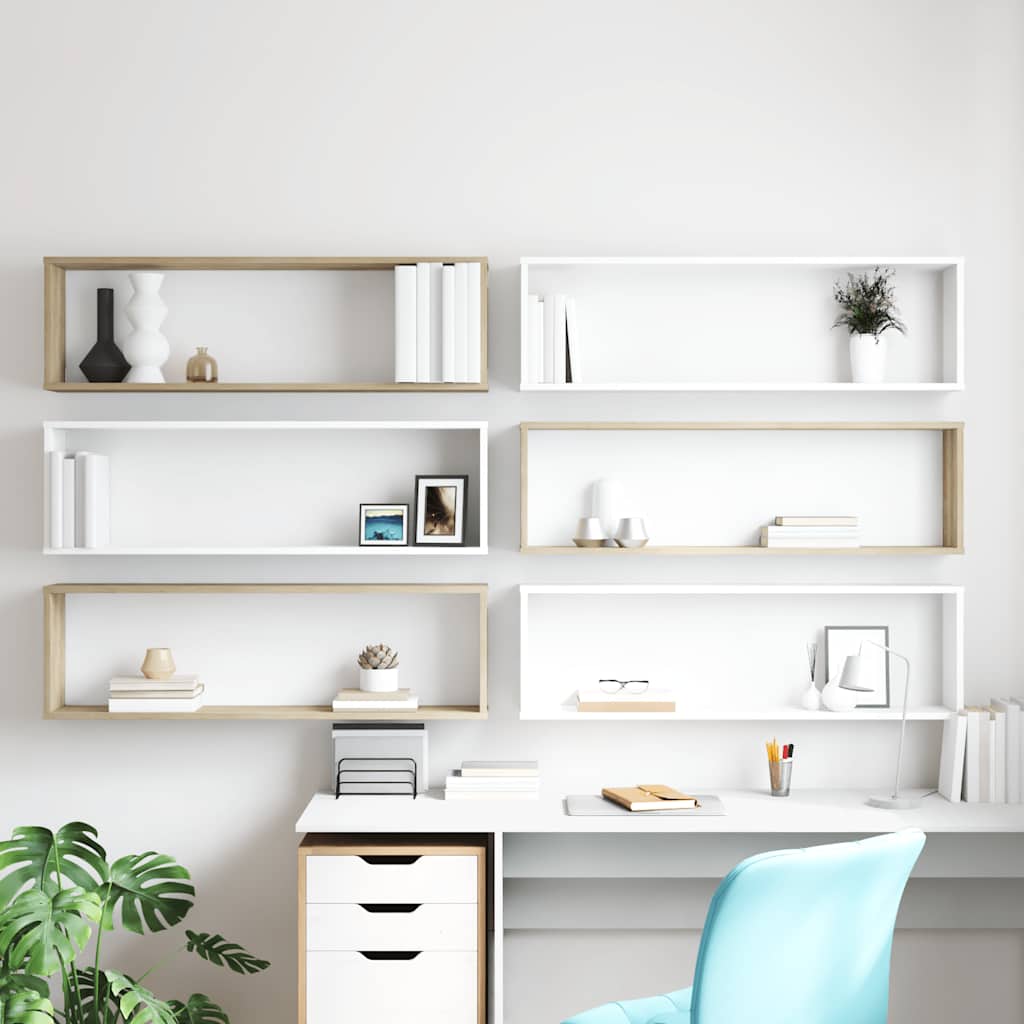 Wall Cube Shelves 6 pcs White&Sonoma Oak 100x15x30 cm Engineered Wood