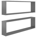 Wall Cube Shelves 2 pcs High Gloss Grey 100x15x30 cm Engineered Wood - Front View