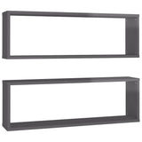 Wall Cube Shelves 2 pcs High Gloss Grey 80x15x26.5 cm Engineered Wood - Front View