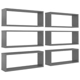 Wall Cube Shelves 6 pcs High Gloss Grey 60x15x23 cm Engineered Wood - Front View