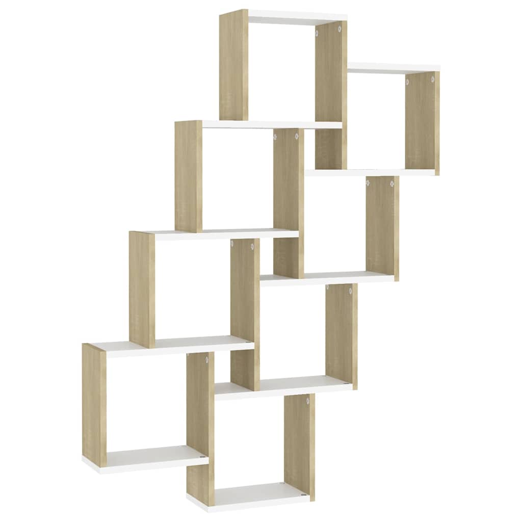 Wall Cube Shelf White and Sonoma Oak 90x15x119 cm Engineered Wood