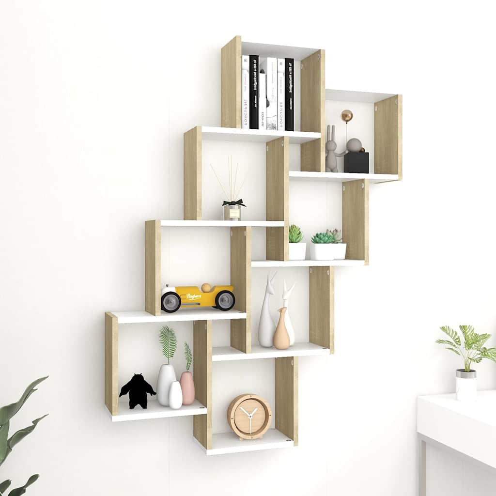 Wall Cube Shelf White and Sonoma Oak 90x15x119 cm Engineered Wood