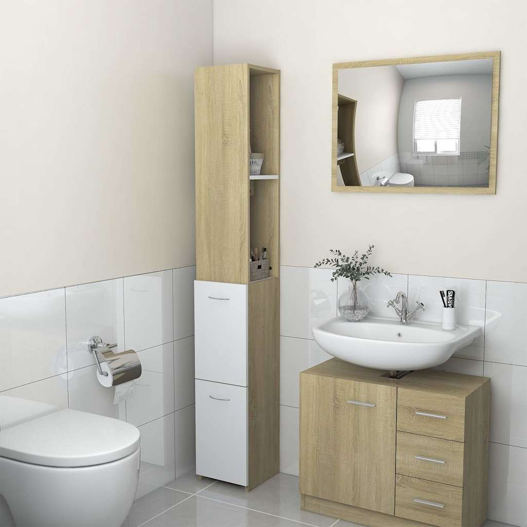Bathroom Cabinet White and Sonoma Oak 25x26.5x170 cm Engineered Wood