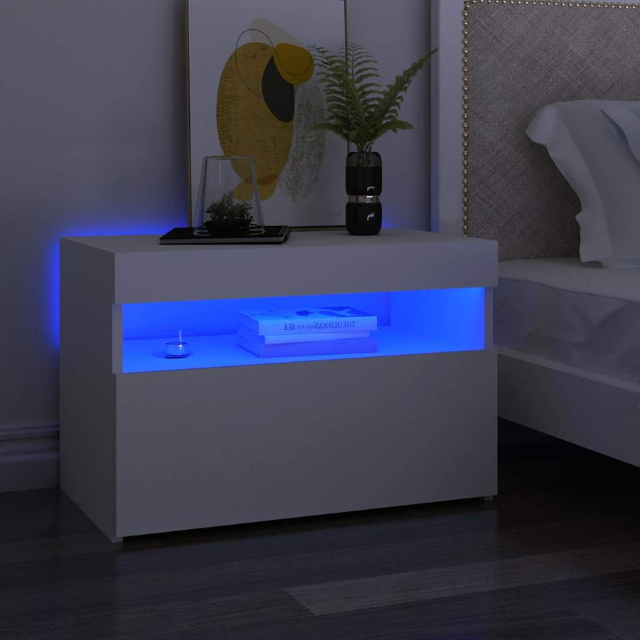 Bedside Cabinet & LED Lights White 60x35x40 cm Engineered Wood