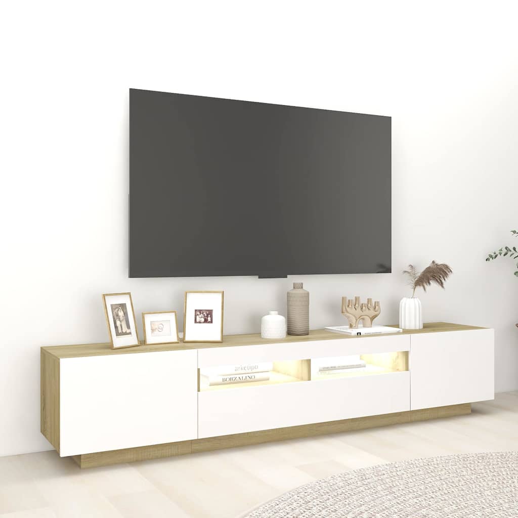 TV Cabinet with LED Lights White and Sonoma Oak 200x35x40 cm