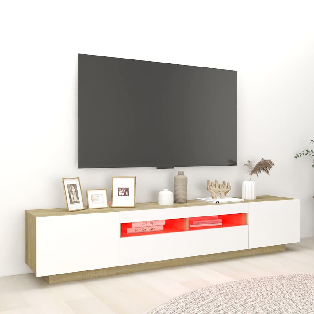 TV Cabinet with LED Lights White and Sonoma Oak 200x35x40 cm
