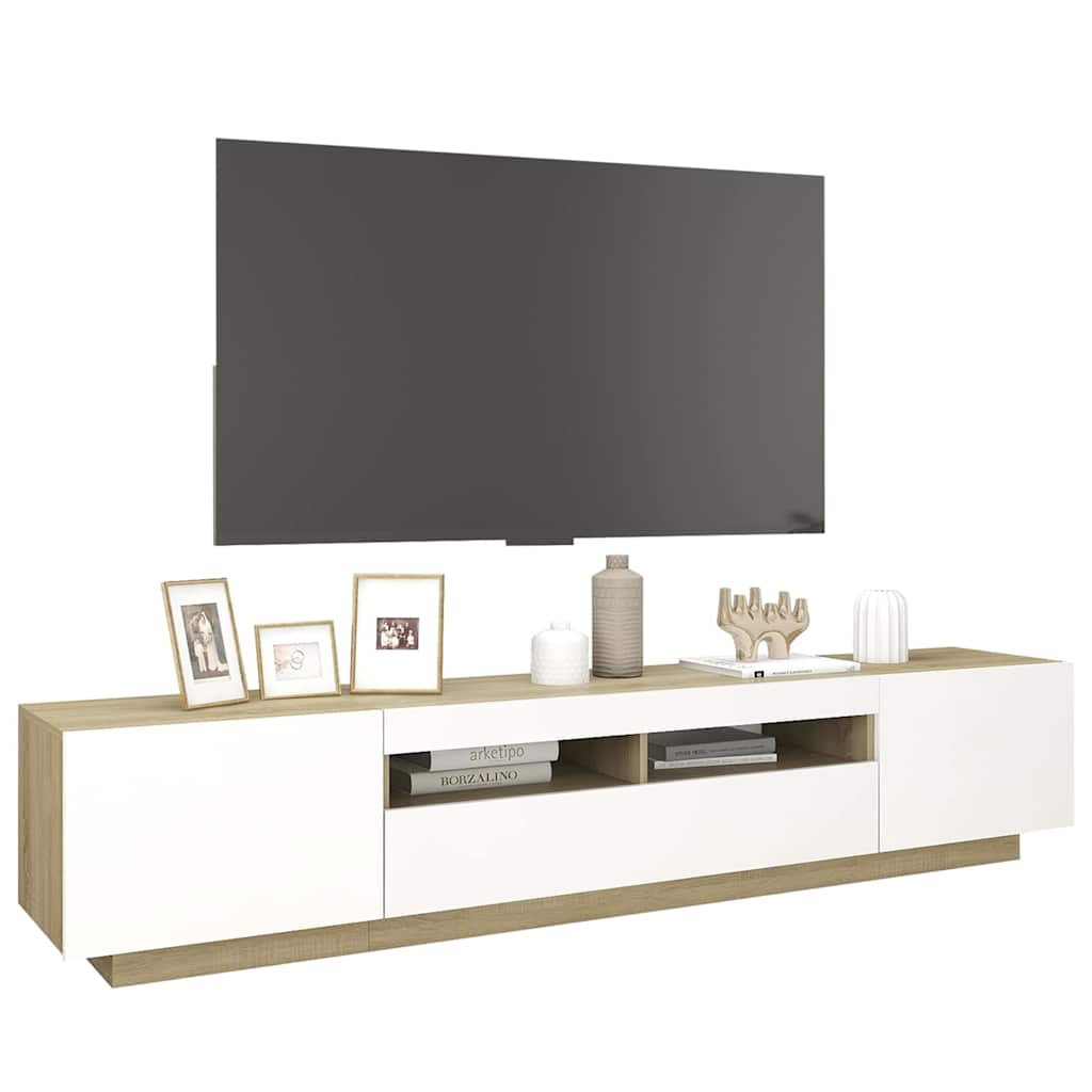 TV Cabinet with LED Lights White and Sonoma Oak 200x35x40 cm