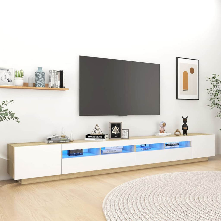 TV Cabinet with LED Lights White and Sonoma Oak 300x35x40 cm