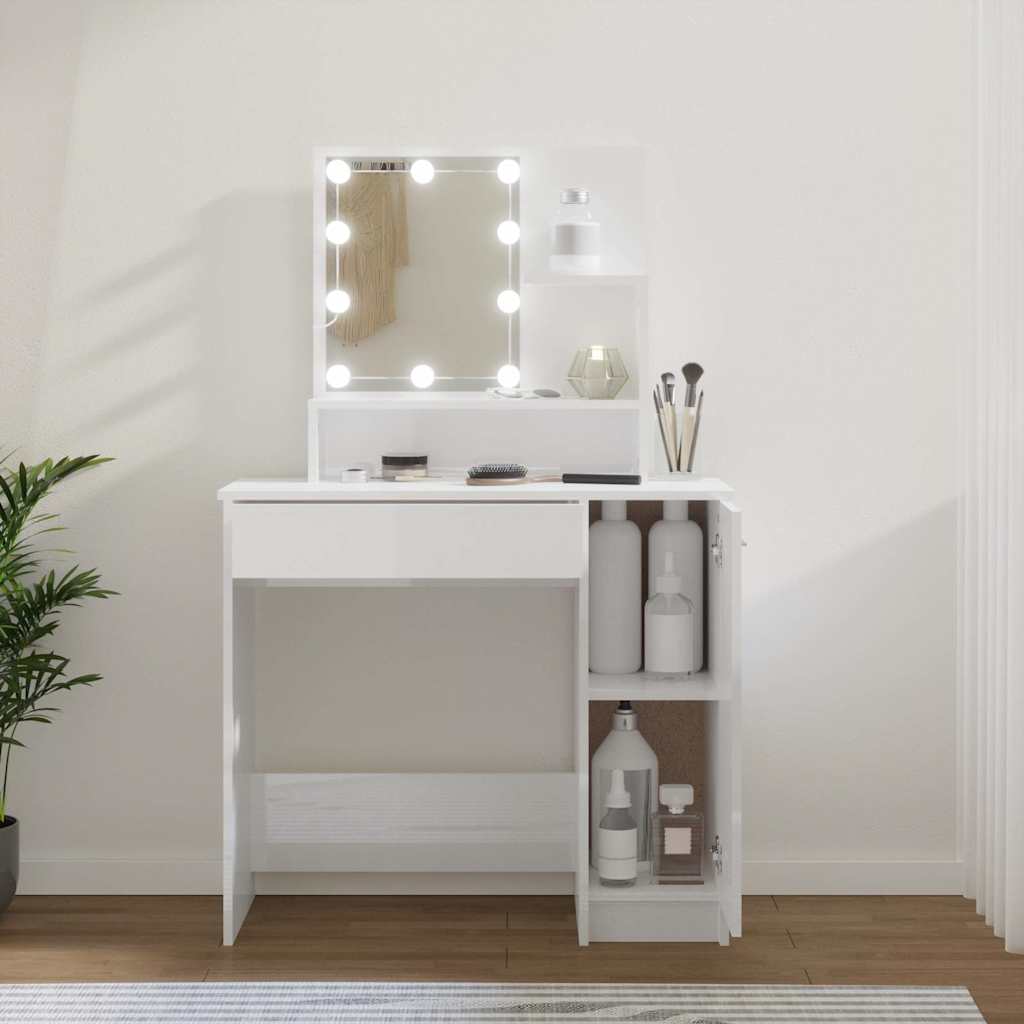 Dressing Table with LED High Gloss White 86.5x35x136 cm
