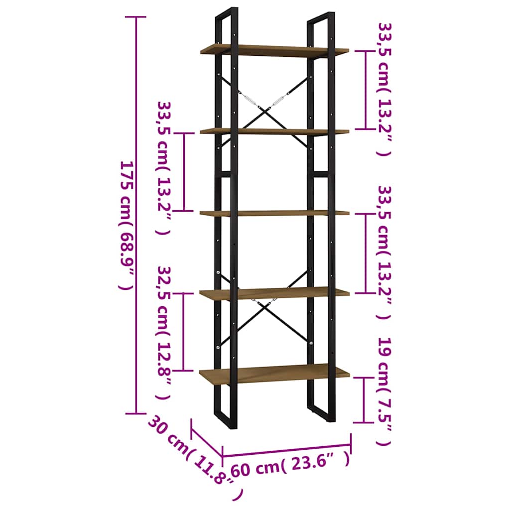 5-Tier Book Cabinet Brown 60x30x175 cm Solid Wood Pine