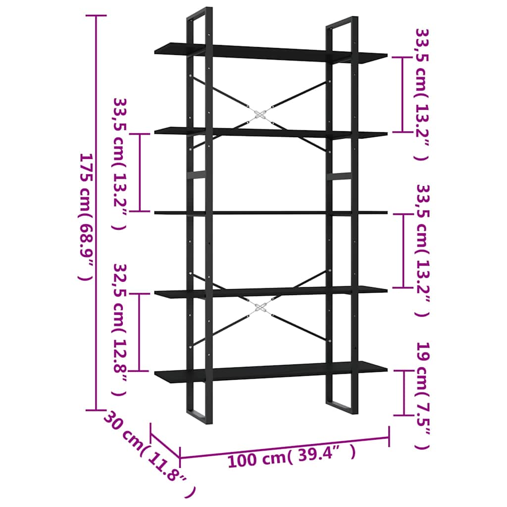 5-Tier Book Cabinet Black 100x30x175 cm Engineered Wood
