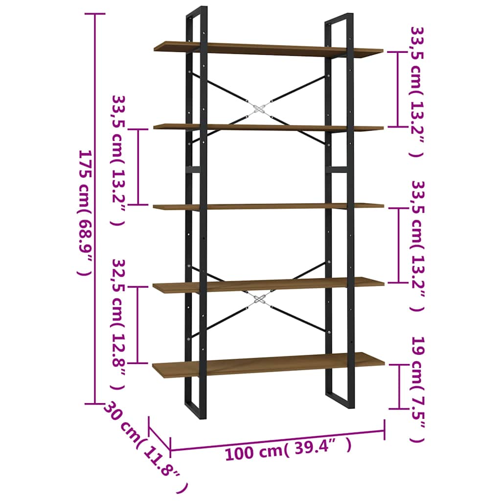 5-Tier Book Cabinet Brown 100x30x175 cm Solid Wood Pine