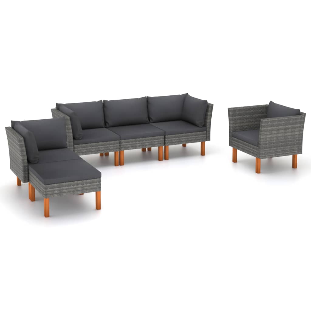 6 Piece Garden Lounge Set Poly Rattan and Eucalyptus Wood Grey