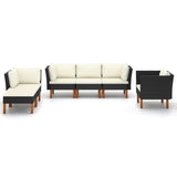 6 Piece Garden Lounge Set Poly Rattan and Eucalyptus Wood Black - Front View