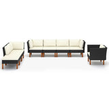 8 Piece Garden Lounge Set Poly Rattan and Eucalyptus Wood Black - Front View