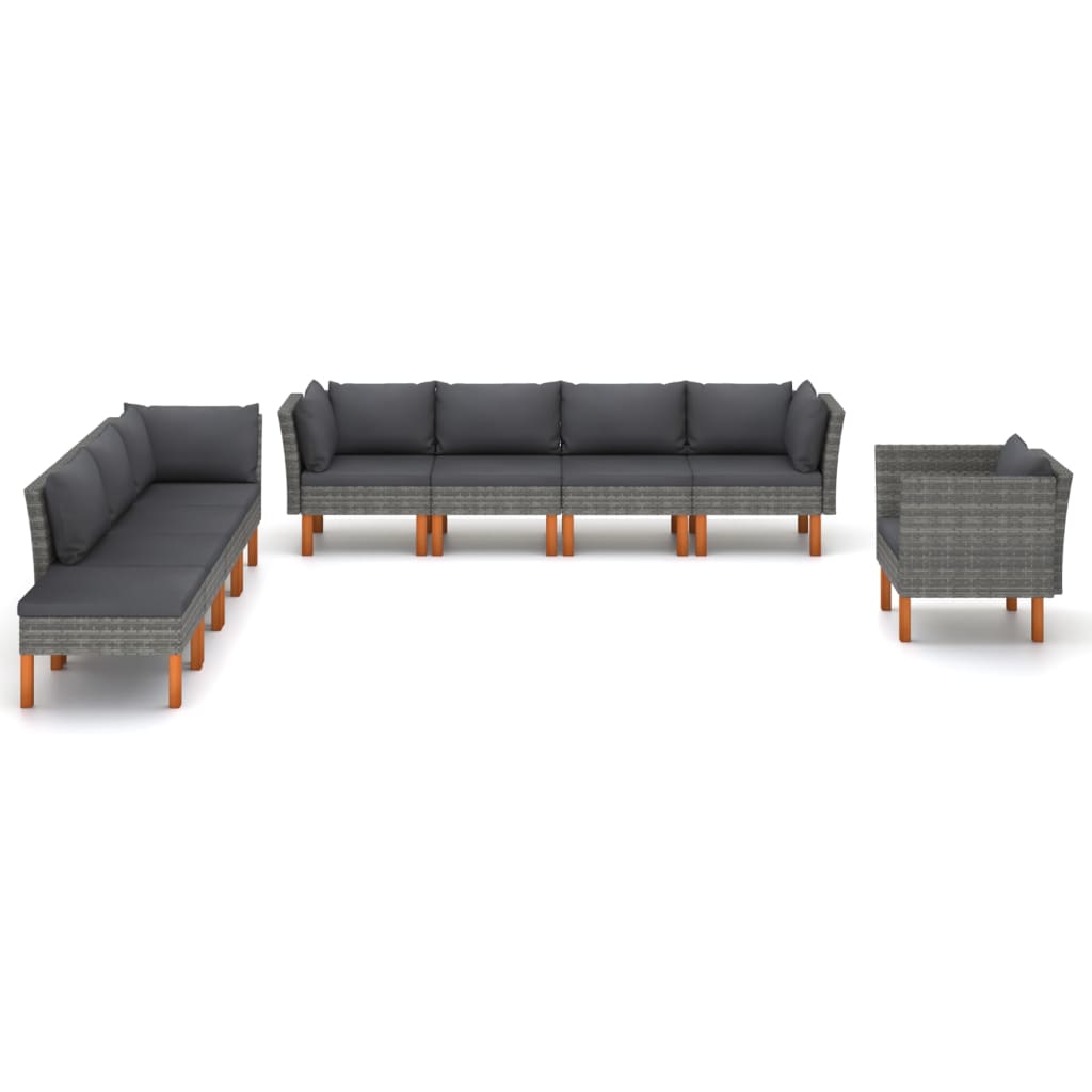 9 Piece Garden Lounge Set Poly Rattan and Eucalyptus Wood Grey