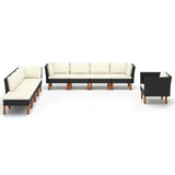 9 Piece Garden Lounge Set Poly Rattan and Eucalyptus Wood Black - Front View