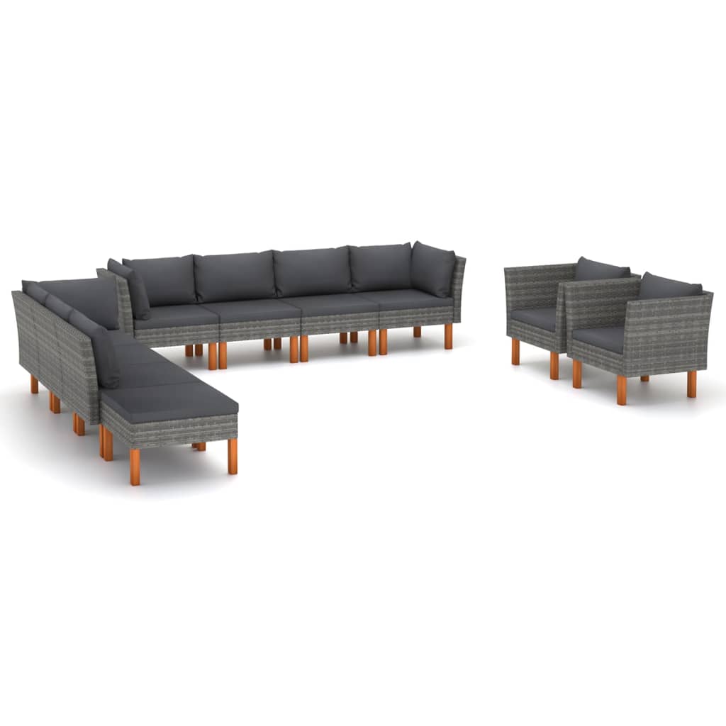 10 Piece Garden Lounge Set Poly Rattan and Eucalyptus Wood Grey