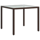 Garden Table 90x90x75 cm Tempered Glass and Poly Rattan Brown - 45-Degree Angle