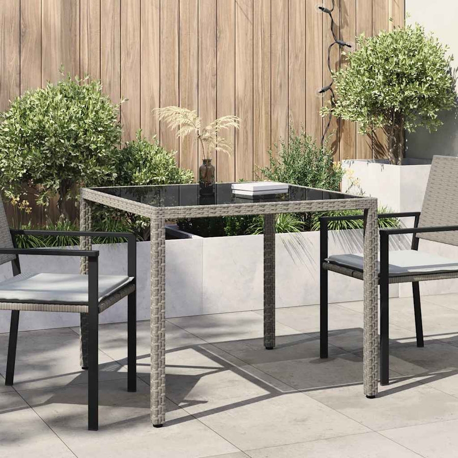 Garden Table 90x90x75 cm Tempered Glass and Poly Rattan Grey