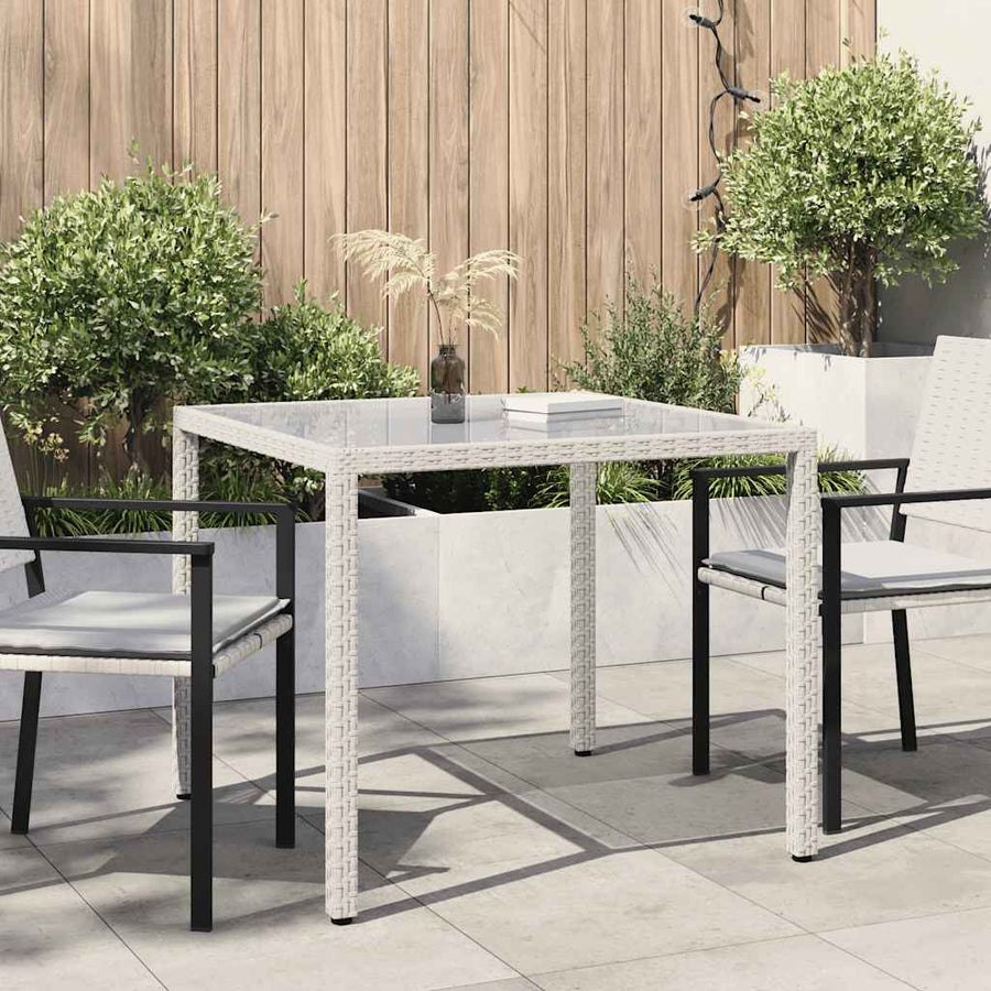 Garden Table 90x90x75 cm Tempered Glass and Poly Rattan White