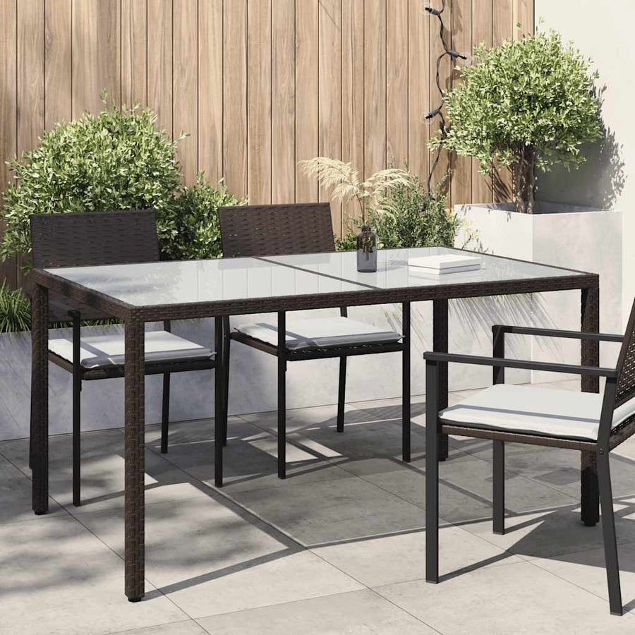 Garden Table 150x90x75 cm Tempered Glass and Poly Rattan Brown