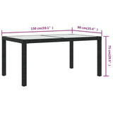 Garden Table 150x90x75 cm Tempered Glass and Poly Rattan Black - 45-Degree Angle