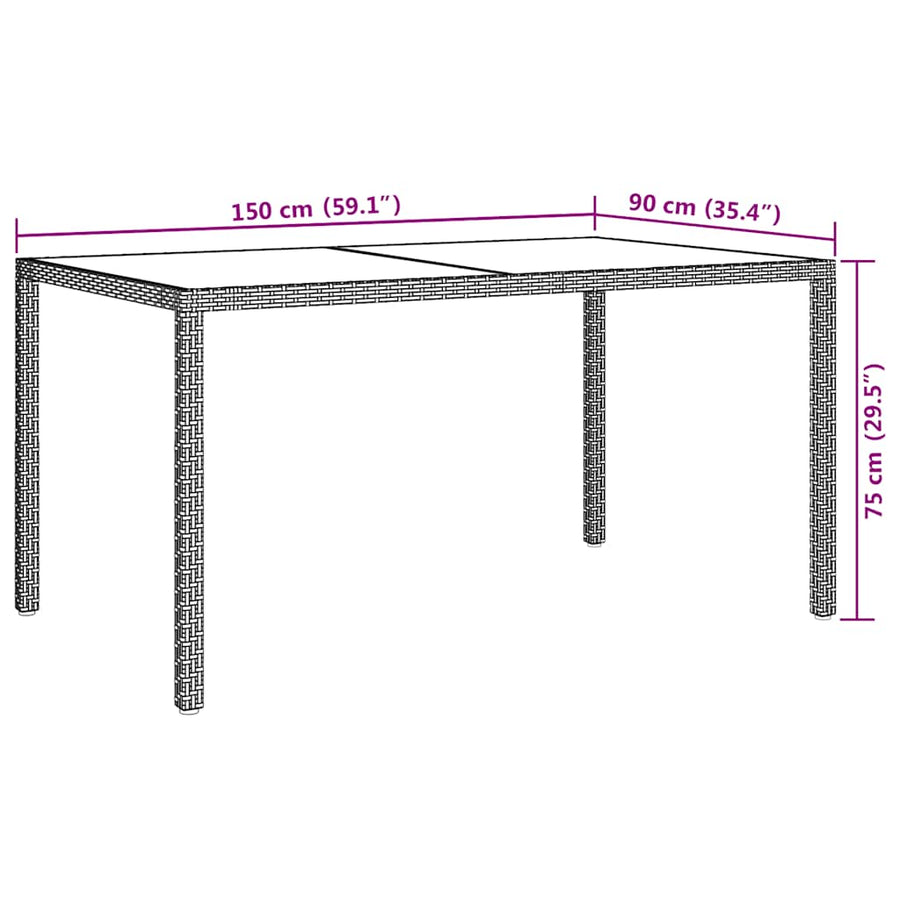 Garden Table 150x90x75 cm Tempered Glass and Poly Rattan Black