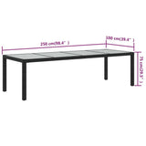 Garden Table Black 250x100x75 cm Tempered Glass and Poly Rattan - 45-Degree Angle