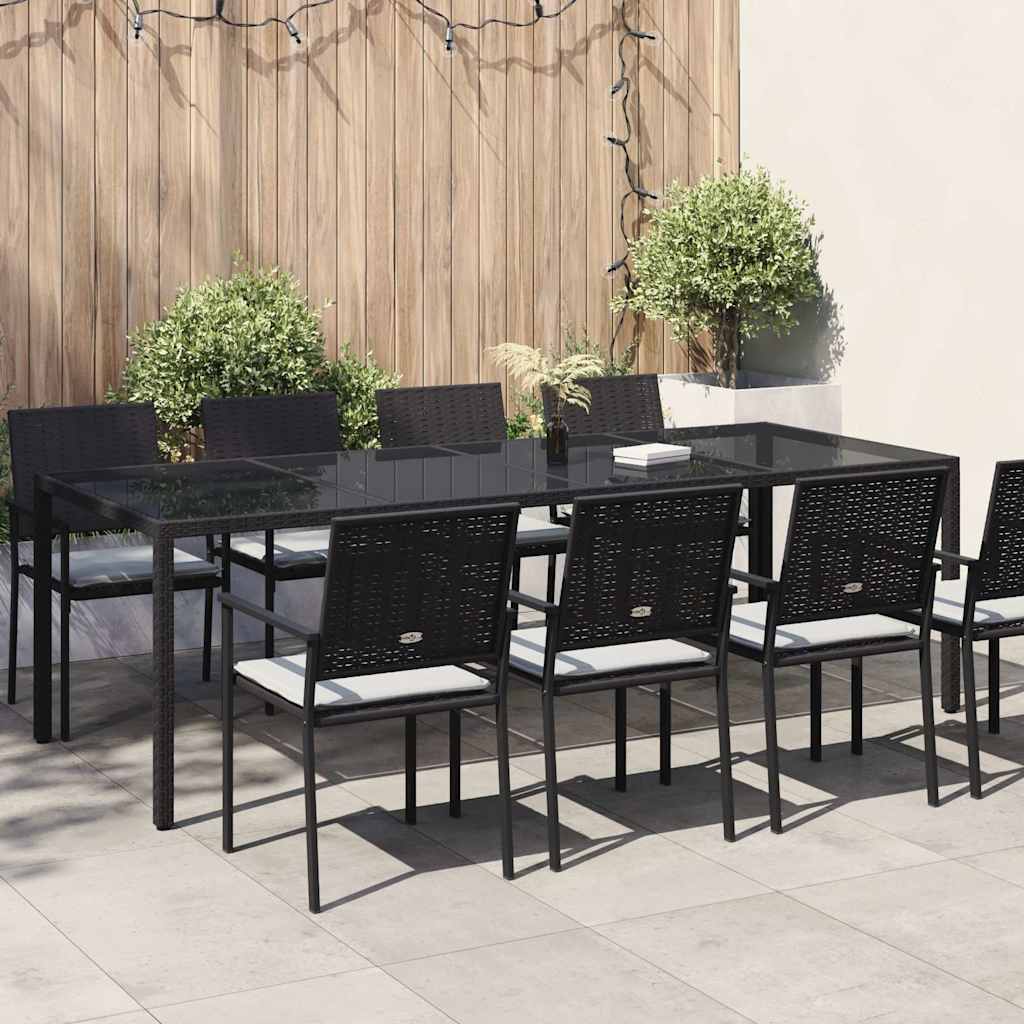 Garden Table Black 250x100x75 cm Tempered Glass and Poly Rattan